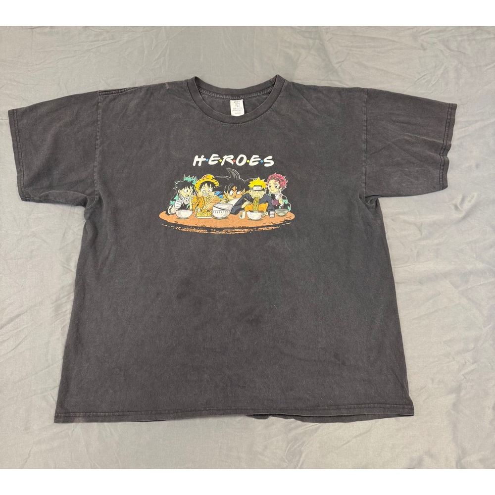 Anime Heroes Friends Parody Graphic T-Shirt Black 2XL Goku Naruto‎ Luffy